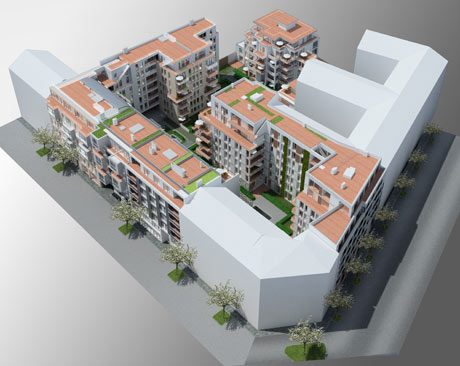 Visualisierung eines Wohnquartiers mit begrünten Höfen
